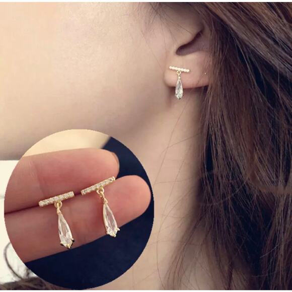 Josie Crystal Teardrop Dainty Gold Earrings - Picture 7 of 8